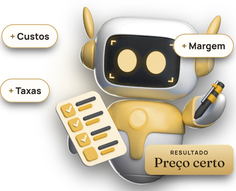 Robô dourado do Agente de IA somando custos, taxas e margem para chegar ao preço certo