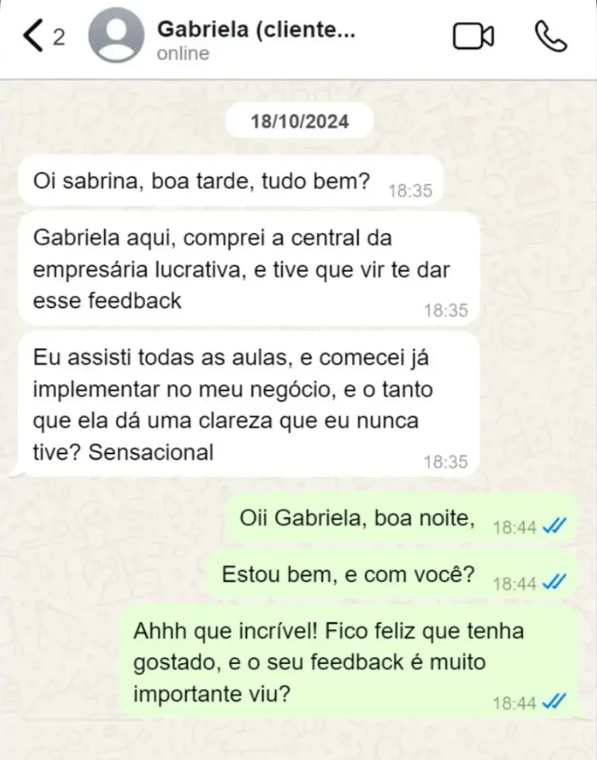 Conversa de WhatsApp em que Gabriela elogia a clareza que a Central trouxe