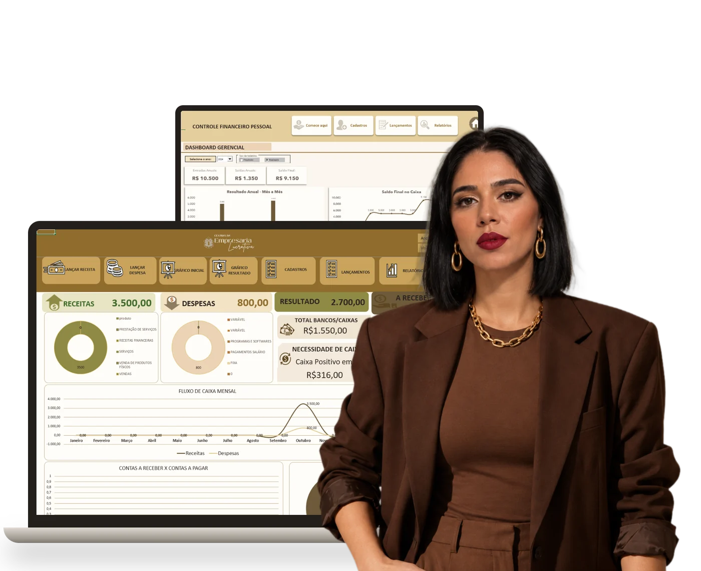 Dashboards da planilha financeira em notebooks, com gráficos de receitas e despesas, ao lado de Sabrina